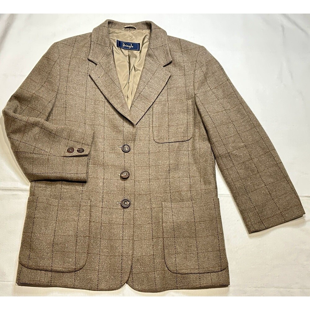VTG Pringle of Scotland Tweed Blazer Women’s Size 38 Brown Windowpane Preppy